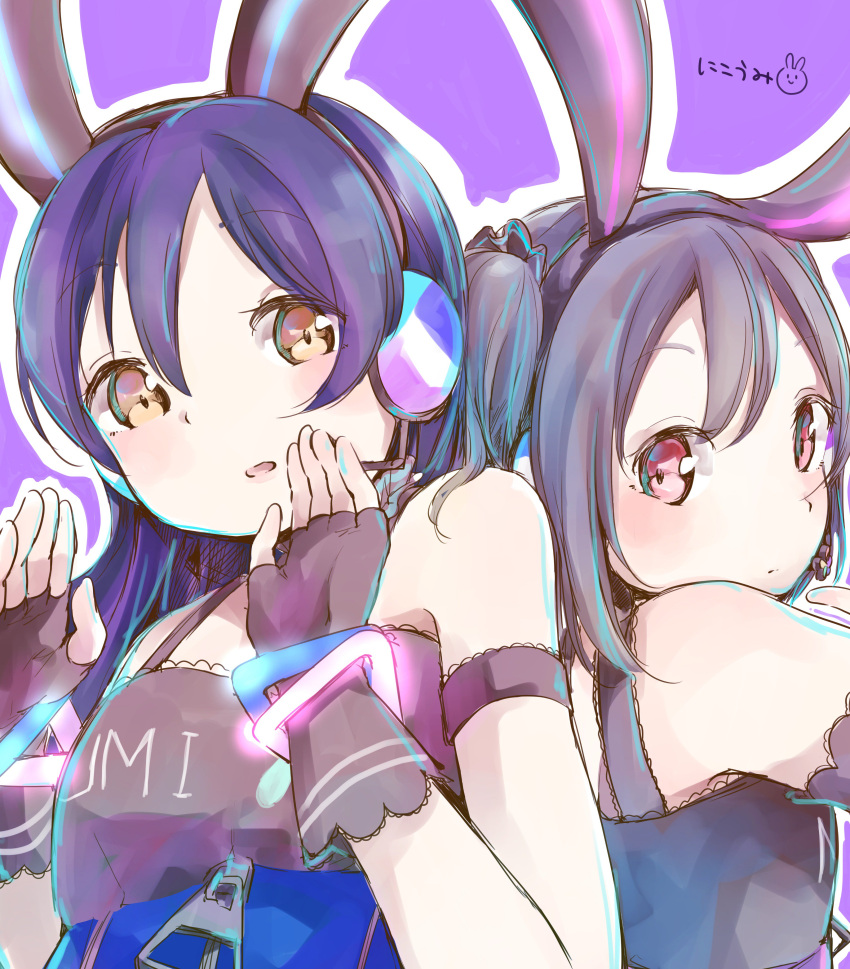 absurdres animal_ears back-to-back bangs bare_shoulders black_gloves black_hair blue_hair blush commentary_request eyebrows_visible_through_hair fake_animal_ears fingerless_gloves gloves hair_between_eyes headset highres long_hair looking_at_viewer love_live! love_live!_school_idol_project parted_lips rabbit_ears red_eyes sonoda_umi twintails upper_body yazawa_nico yellow_eyes