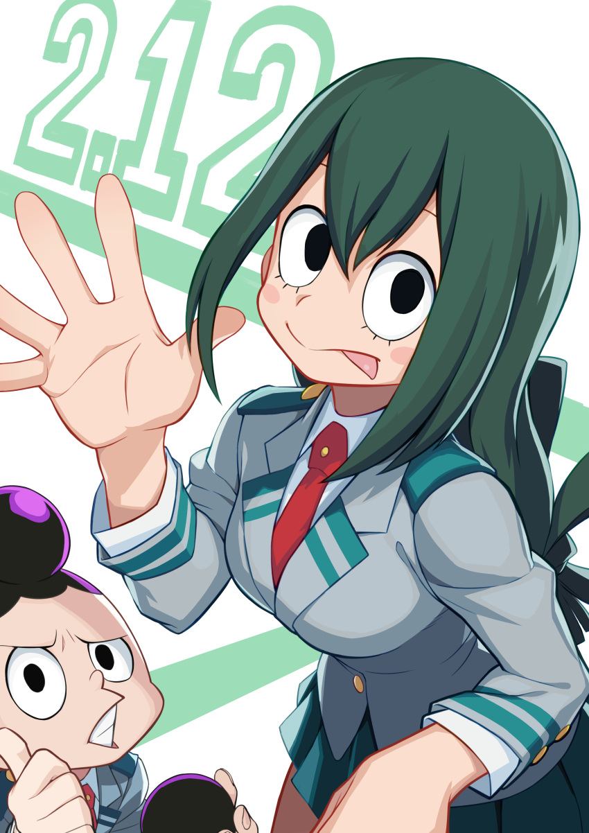 1boy 1girl :&gt; absurdres asui_tsuyu bangs big_eyes black_eyes black_hair blush boku_no_hero_academia breasts commentary_request frog_girl grey_jacket grey_skirt hair_between_eyes hair_rings hands hatsuta highres holding jacket long_hair looking_at_viewer low-tied_long_hair medium_breasts mineta_minoru necktie number school_uniform shirt short_hair skirt smile teeth tongue tongue_out u.a._school_uniform white_shirt