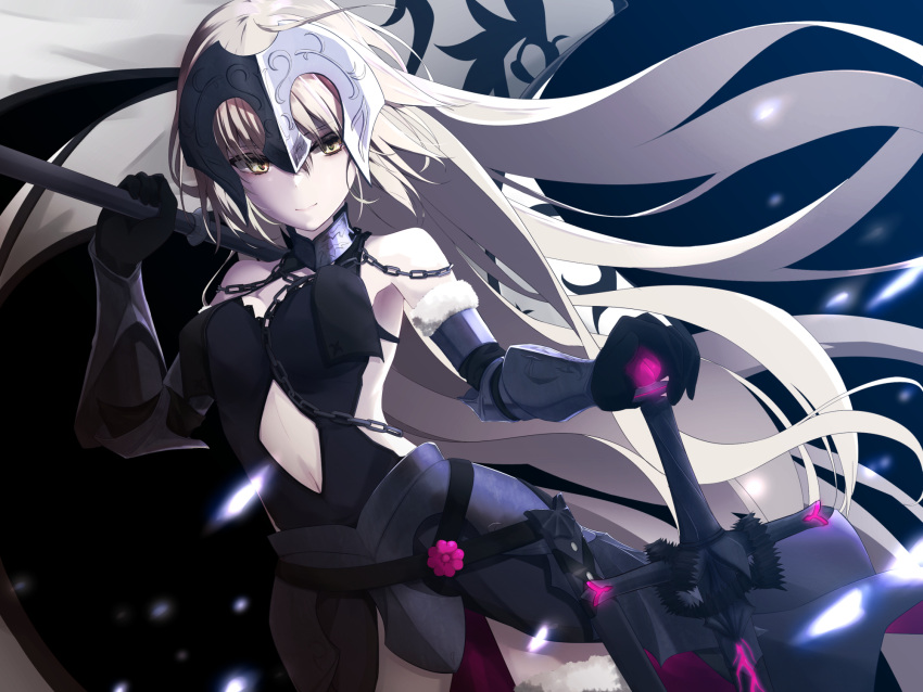 1girl armor armored_dress banner black_dress black_gloves breasts chains cleavage cowboy_shot dress dutch_angle elbow_gloves fate/grand_order fate_(series) floating_hair fur-trimmed_gloves fur_trim gloves hair_between_eyes hand_on_hip headpiece highres holding jeanne_d'arc_(alter)_(fate) jeanne_d'arc_(fate)_(all) long_hair medium_breasts midriff navel navel_cutout oriuo_q silver_hair sleeveless sleeveless_dress smile solo standing stomach sword very_long_hair weapon yellow_eyes