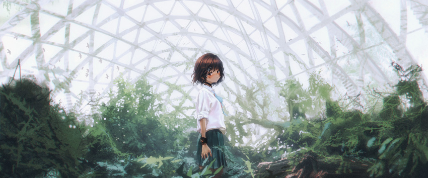 1girl bird blurry blush bow bowtie brown_eyes brown_hair choker depth_of_field facial_mark greenhouse hair_ribbon highres indoors looking_at_viewer looking_to_the_side nature original plant ribbon scenery school_uniform sleeves_rolled_up solo tan tifg39 wristband