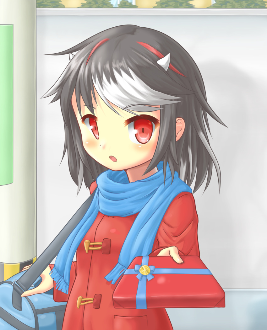 1girl :o alternate_costume arm_up bangs black_hair blue_scarf blush box coat colored_pencil_(medium) commentary_request day duffel_coat eyebrows_visible_through_hair gift gift_box giving gym_bag highres holding holding_box horns kijin_seija looking_at_viewer multicolored_hair outdoors red_coat red_eyes scarf shadow shihasu_toichi short_hair solo standing streaked_hair swept_bangs touhou traditional_media upper_body utility_pole valentine wall