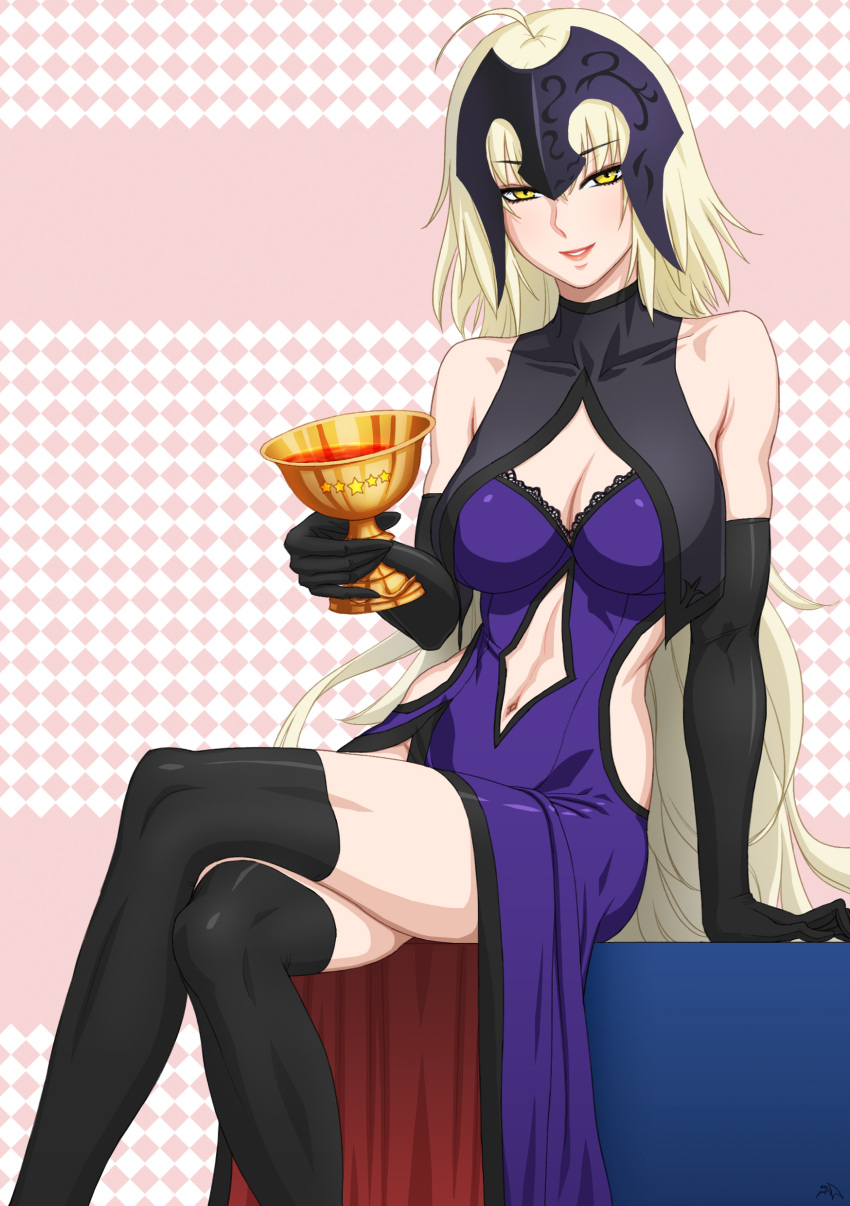 1girl absurdres ahoge argyle argyle_background arm_support bare_shoulders black_gloves black_legwear blonde_hair blue_dress breasts cleavage collarbone cup darkmuleth dress elbow_gloves fate/grand_order fate_(series) gloves grail headpiece highres hip_vent holding holding_cup jeanne_d'arc_(alter)_(fate) jeanne_d'arc_(fate)_(all) lace lace-trimmed_dress large_breasts legs_crossed long_hair looking_at_viewer navel_cutout parted_lips red_lips seductive_smile sitting smile thigh-highs turtleneck very_long_hair yellow_eyes