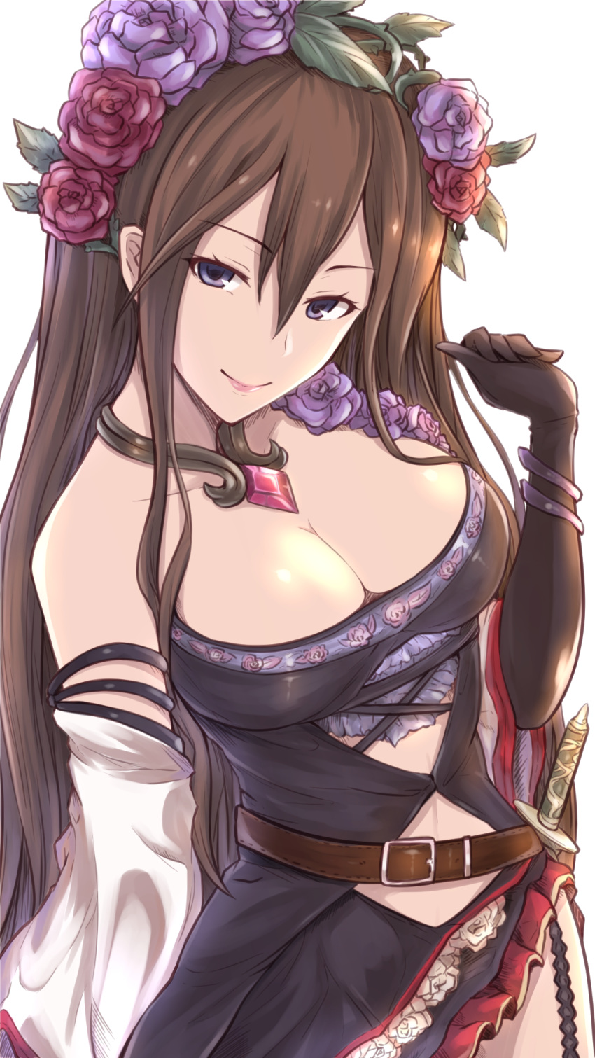 1girl bare_shoulders belt blue_eyes blush breasts brown_hair cleavage flower gloves granblue_fantasy hair_between_eyes hair_flower hair_ornament hand_up highres jewelry large_breasts long_hair looking_at_viewer necklace rose rosetta_(granblue_fantasy) sheath sheathed skirt smile solo sword twinameless very_long_hair violet_eyes weapon