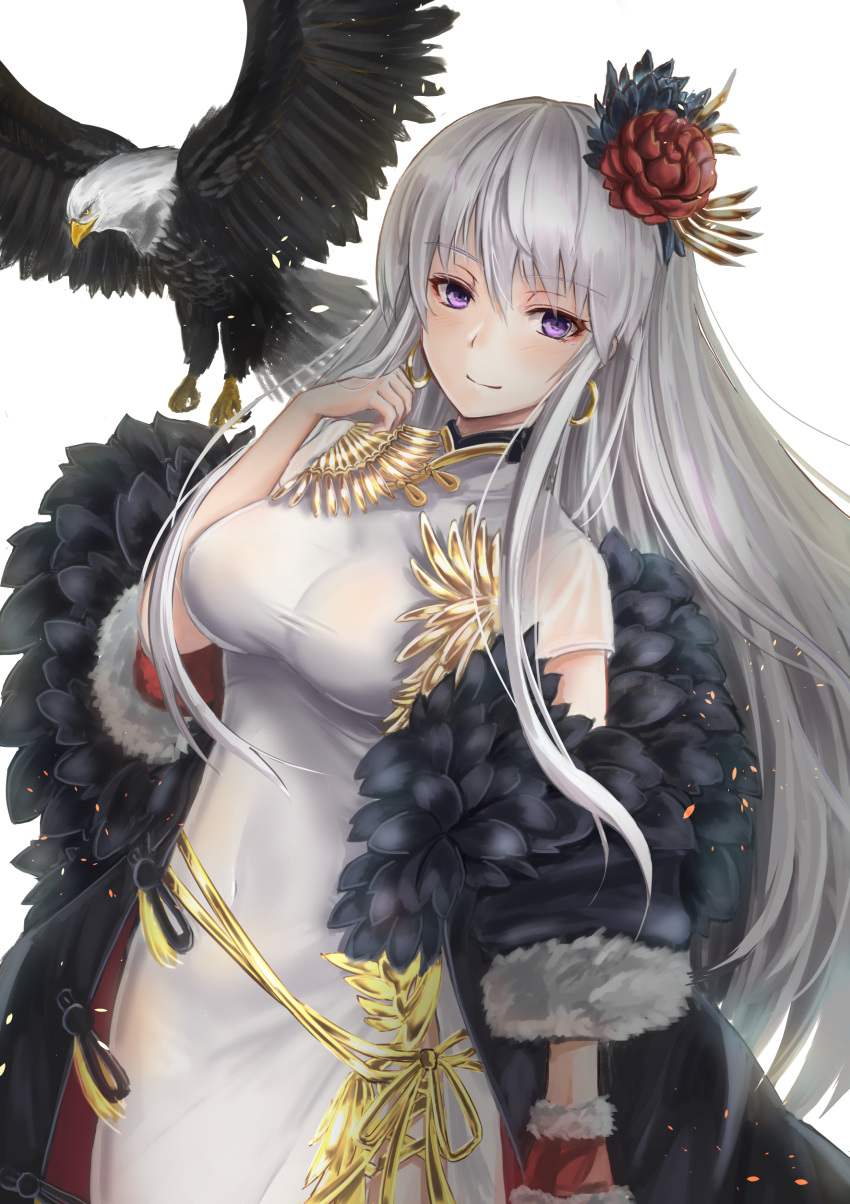 1girl absurdres alternate_costume azur_lane bangs bird black_ribbon blush breasts china_dress chinese_clothes chushou_wang closed_mouth covered_navel dress dutch_angle eagle earrings enterprise_(azur_lane) eyebrows_visible_through_hair feather-trimmed_coat flower fur-trimmed_sleeves fur_trim gold_trim hair_between_eyes hair_flower hair_ornament highres hoop_earrings jewelry light_particles long_hair looking_at_viewer medium_breasts off_shoulder pelvic_curtain red_flower ribbon sidelocks silver_hair simple_background sitting sky smile solo taut_clothes taut_dress thighs violet_eyes white_background white_dress