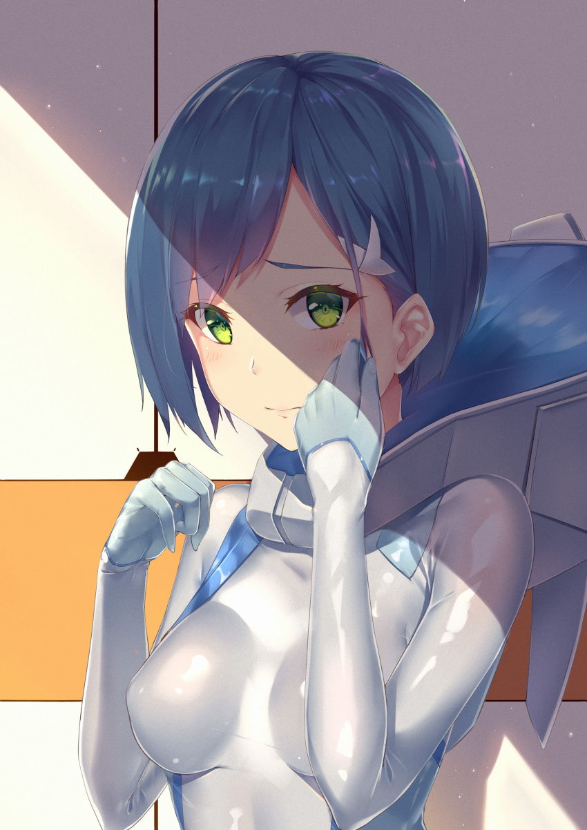 absurdres adjusting_hair blue_hair blush bob_cut bodysuit chinese_commentary closed_mouth commentary_request darling_in_the_franxx green_eyes hair_ornament hairclip highres ichigo_(darling_in_the_franxx) looking_at_viewer nervous pilot_suit playing_with_own_hair portrait sgt-jz shadow short_hair shy white_bodysuit