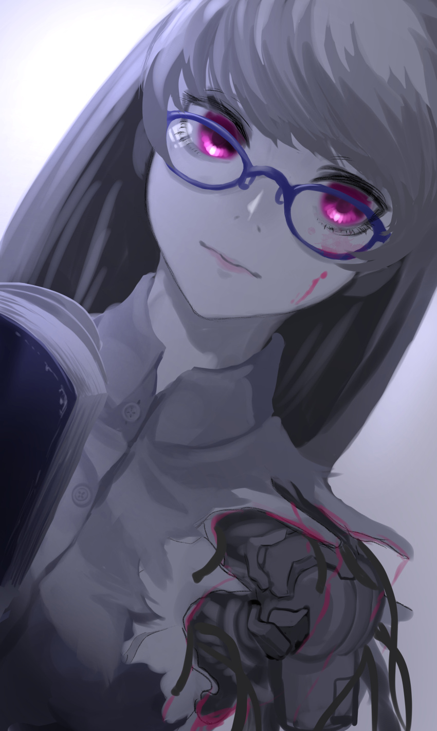 1girl absurdres amputee android asagon007 cyborg damaged glasses highres injury long_hair looking_at_viewer mechanical_arm mechanical_parts monochrome original parts_exposed robot_joints science_fiction solo torn_clothes violet_eyes wire