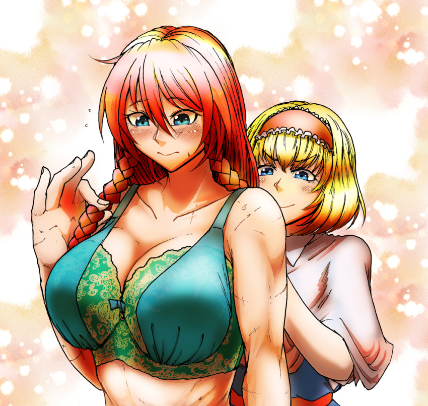 alice_margatroid blonde_hair blue_eyes blush bra braid breasts commentary commentary_request hairband hong_meiling koyubi_(littlefinger1988) large_breasts long_hair muscle muscular_female redhead scar scarf short_hair simple_background sweat sweatdrop touhou twin_braids underwear