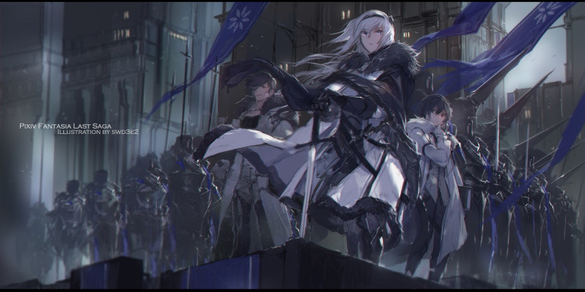 1girl 6+boys armor artist_name black_cape black_footwear black_gloves black_hair black_hairband black_pants black_scarf book cape copyright_name flag fur_scarf gauntlets gloves hair_over_one_eye hairband hand_up helmet highres holding holding_book long_hair looking_at_viewer multiple_boys outdoors pants pixiv_fantasia_last_saga planted_weapon polearm scarf standing swd3e2 weapon white_hair white_scarf