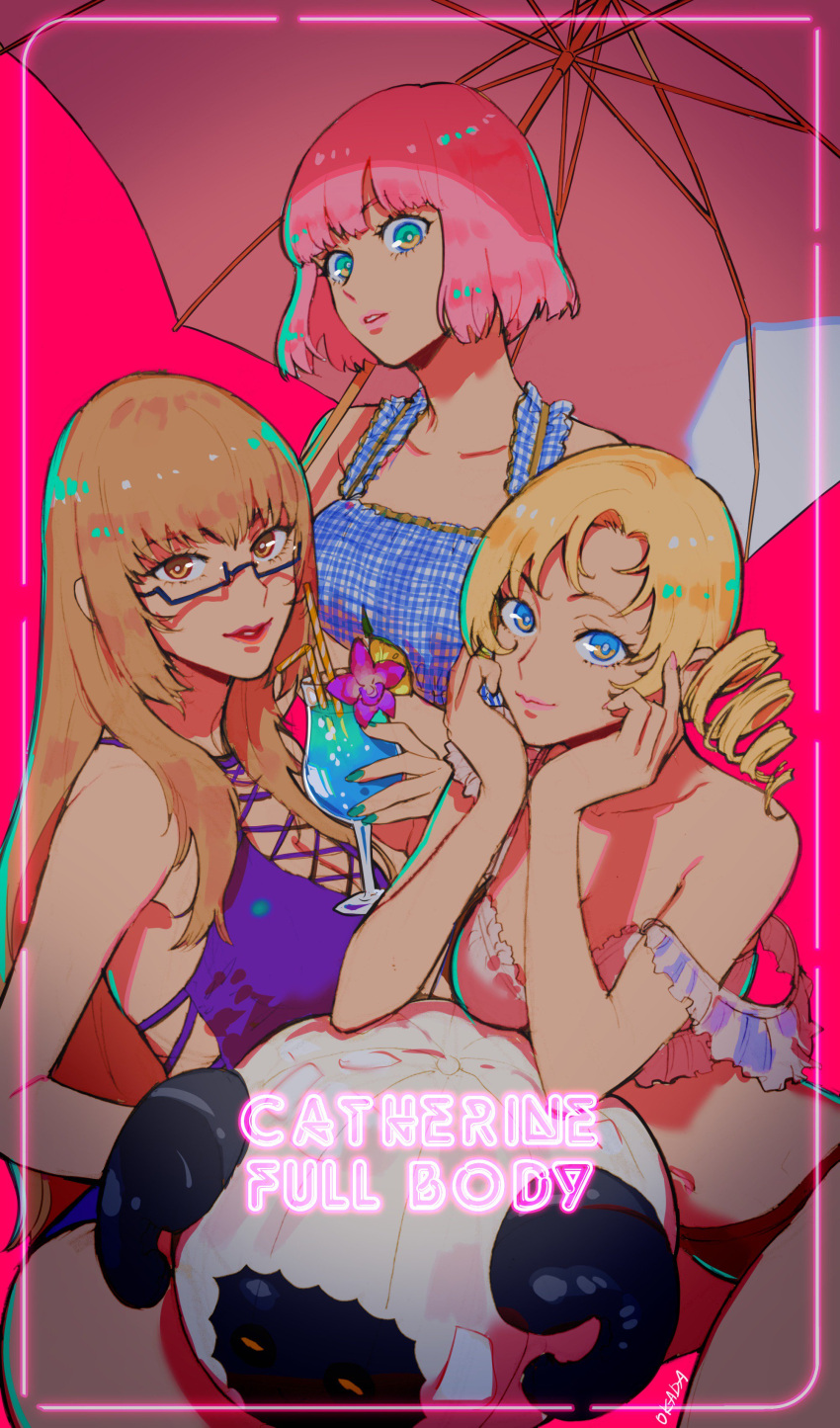 3girls absurdres aqua_eyes bangs blonde_hair blue_eyes breasts brown_eyes brown_hair catherine catherine_(game) collarbone copyright_request cowboy_shot drill_hair drink drinking_straw english_text flower highres katherine_mcbride long_hair looking_at_viewer multiple_girls nail_polish navel okada_(hoooojicha) pink_hair pink_nails plaid purple_flower red_background rin_(catherine) short_hair signature smile umbrella