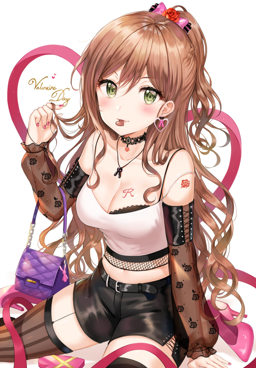 1girl absurdres bang_dream! bangs belt black_bra black_shorts blush bra bra_peek braid breasts brown_hair brown_legwear chocolate choker cleavage collarbone crop_top detached_sleeves earrings fishnets french_braid garter_straps gift green_eyes hair_between_eyes hair_ornament hair_twirling half_updo heart heart-shaped_food heart_earrings highres imai_lisa jewelry long_hair long_sleeves looking_at_viewer medium_breasts mouth_hold nail_polish navel necklace pink_nails see-through shirt short_shorts shorts sidelocks sitting skirt smile strap_slip striped striped_legwear tattoo thigh-highs tokkyu_(user_mwwe3558) underwear valentine vertical-striped_legwear vertical_stripes