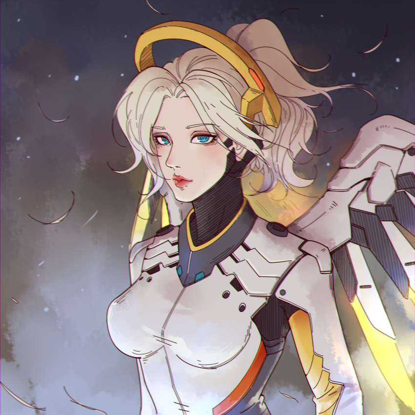 1girl 2804281484 absurdres aqua_eyes blonde_hair bodysuit breasts chromatic_aberration eyebrows_visible_through_hair eyeliner eyes_visible_through_hair glowing glowing_wings grey_background high_ponytail highres light_particles makeup mechanical_halo mechanical_wings medium_breasts medium_hair mercy_(overwatch) messy_hair nose overwatch red_lips solo steam upper_body white_bodysuit wind wings yellow_wings