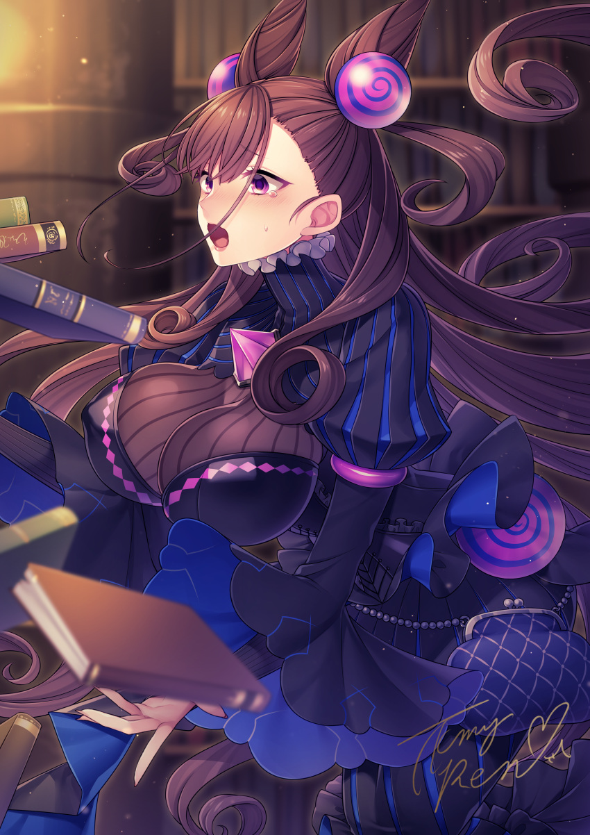 1girl absurdres bangs black_dress blurry_foreground blush book breasts brown_hair double_bun dress dropping eyebrows_visible_through_hair fate/grand_order fate_(series) frills hair_between_eyes hair_ornament high_collar highres indoors large_breasts leaning_forward light_particles long_hair long_sleeves murasaki_shikibu_(fate) open_mouth puffy_sleeves sidelocks signature sleeves_past_wrists solo takamiya_ren tearing_up two_side_up very_long_hair violet_eyes