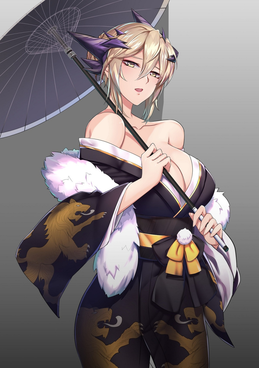 1girl artoria_pendragon_(all) artoria_pendragon_(lancer_alter) bangs bare_shoulders black_kimono blonde_hair braid breasts cleavage fate/grand_order fate_(series) french_braid fur_trim gradient gradient_background grey_background hair_between_eyes hair_bun highres holding holding_umbrella japanese_clothes kaiend kimono large_breasts lion_print looking_at_viewer no_bra obi off_shoulder open_mouth oriental_umbrella platinum_blonde_hair pom_pom_(clothes) sash solo spikes umbrella wide_sleeves yellow_eyes