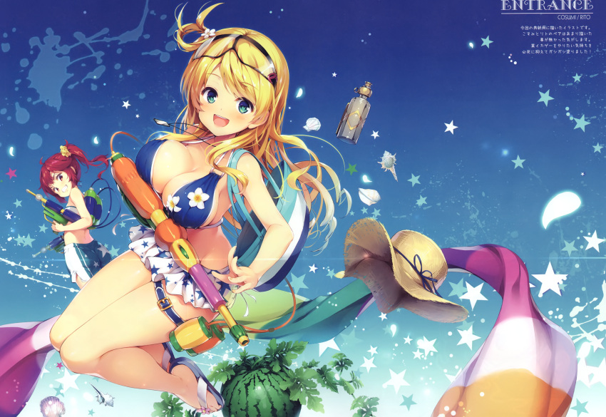 2girls :d absurdres ahoge artist_request bag bare_shoulders bikini bikini_skirt blonde_hair blue_eyes blue_sky breasts character_name cleavage day dog_tags dual_wielding eyewear_on_head flip-flops flower food fruit grin hair_flower hair_ornament hair_rings hat hat_removed headwear_removed highres holding huge_filesize koto-channel large_breasts long_hair looking_at_viewer looking_back midriff mihama_kosumi multiple_girls one_side_up open_mouth outdoors parted_lips petals plumeria red_eyes redhead rito_(koto_channel) sandals scrunchie seashell shell shorts side_ponytail sky smile star star_print starry_background straw_hat sun_hat swimsuit thigh_strap water_gun watermelon