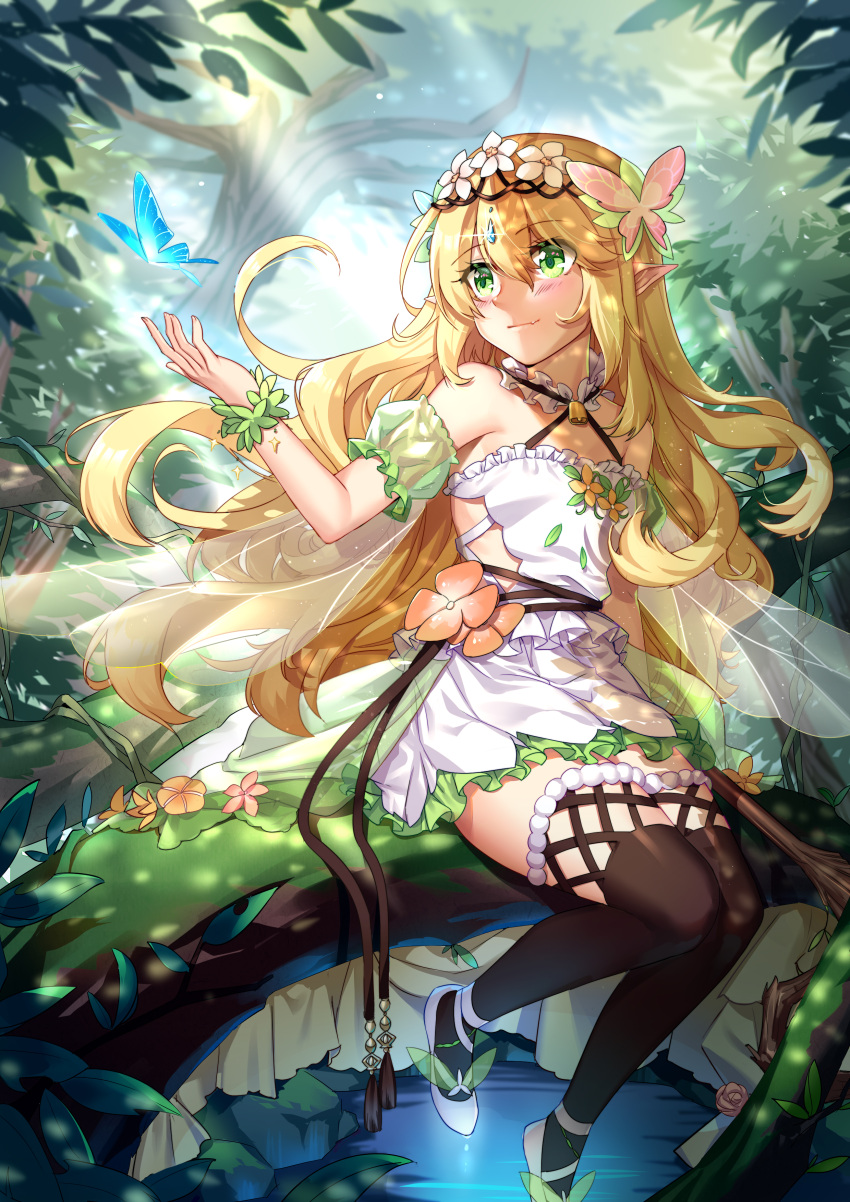 1girl absurdres bell black_legwear blonde_hair blush bug butterfly caing_zhihuang day detached_sleeves dress fairy_wings flower forest gem green_eyes green_skirt hair_flower hair_ornament highres holding holding_staff in_tree insect long_hair looking_away moss nature outdoors puffy_short_sleeves puffy_sleeves short_sleeves sitting skirt smile solo staff sunlight thigh-highs tree very_long_hair white_dress white_footwear wings wristband