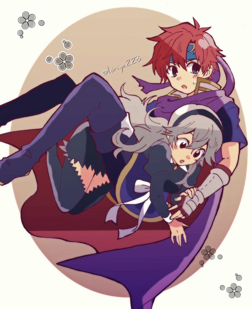 1boy 1girl armor blue_eyes blush cape female_my_unit_(fire_emblem_if) fire_emblem fire_emblem:_fuuin_no_tsurugi fire_emblem_heroes fire_emblem_if gloves hair_between_eyes hair_ornament hairband headband highres intelligent_systems kiriya_(552260) long_hair looking_at_viewer mamkute my_unit_(fire_emblem_if) nintendo open_mouth pointy_ears red_eyes redhead roy_(fire_emblem) short_hair silver_hair simple_background sora_(company) super_smash_bros. super_smash_bros._ultimate super_smash_bros_for_wii_u_and_3ds white_hair