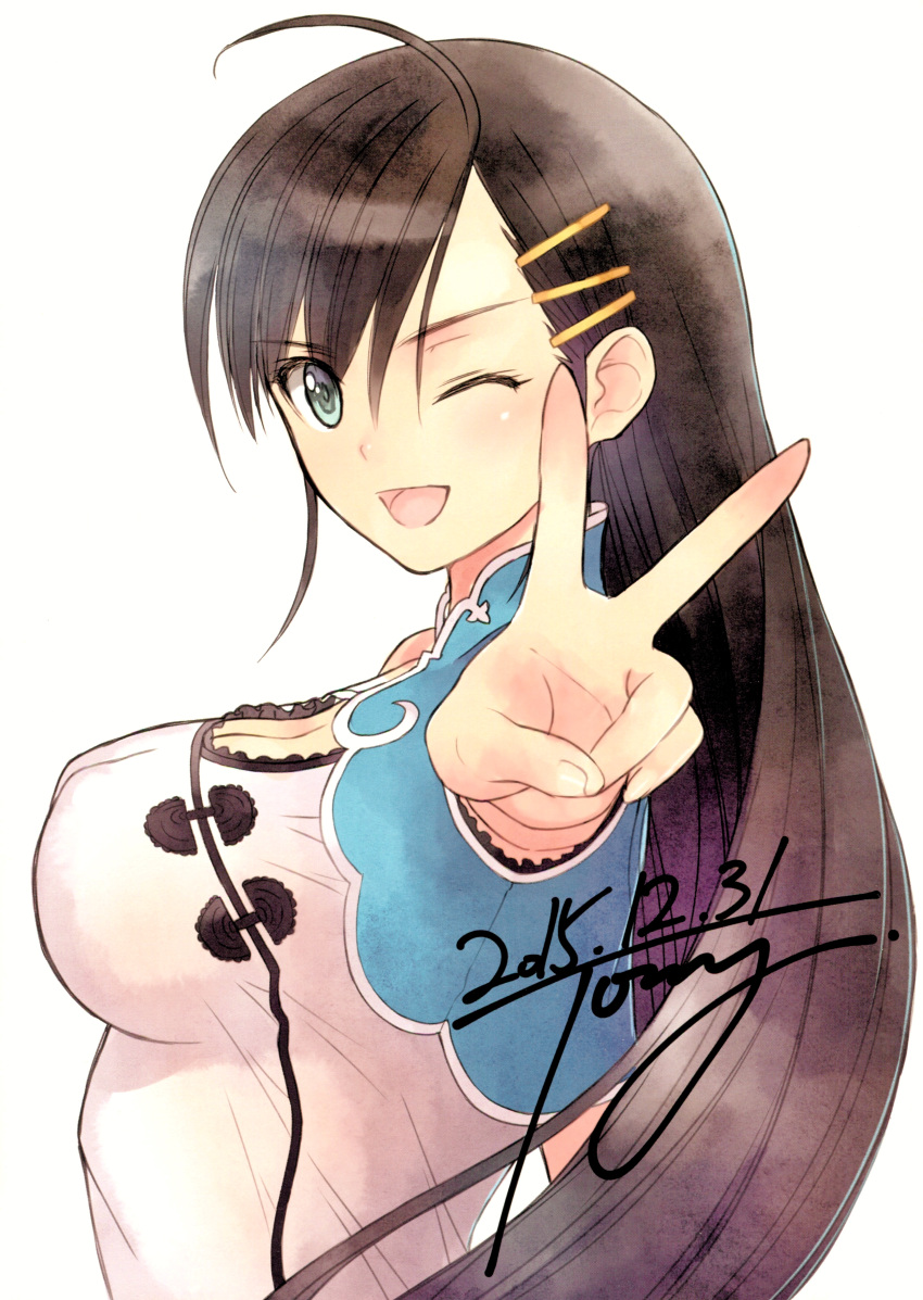 1girl absurdres artist_name bangs black_hair blade_arcus_from_shining blue_eyes breasts cleavage eyebrows_visible_through_hair from_side hair_ornament hairclip hand_up highres long_hair looking_at_viewer medium_breasts one_eye_closed open_mouth pairon scan shining_(series) shiny shiny_skin signature simple_background solo tanaka_takayuki upper_body v white_background