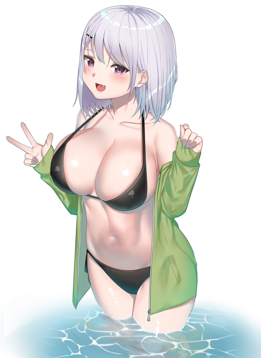 1girl :d bangs bare_shoulders bikini black_bikini blush breasts cleavage collarbone commentary_request eyebrows_behind_hair fang fingernails green_jacket hair_between_eyes hair_ornament hairclip halter_top halterneck highres jacket large_breasts long_hair long_sleeves looking_at_viewer navel off_shoulder open_clothes open_jacket open_mouth original red_eyes silver_hair sleeves_past_wrists smile solo suzuharu_toufu swimsuit wading water white_background