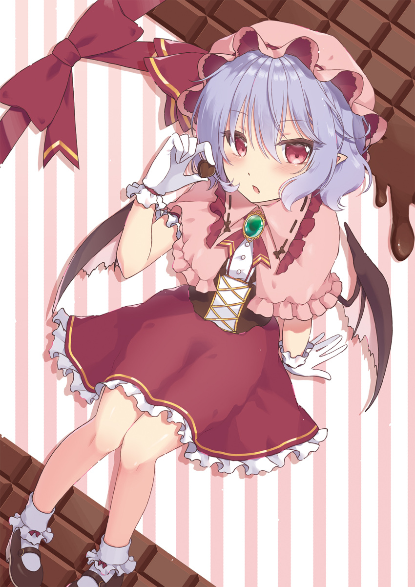 1girl bangs bat_wings beni_kurage black_footwear blue_hair blush bobby_socks brooch capelet chocolate chocolate_heart commentary_request corset eyebrows_visible_through_hair feet_out_of_frame food frilled_capelet frilled_shirt_collar frills gloves hair_between_eyes hand_up hat hat_ribbon heart highres holding holding_food jewelry looking_at_viewer mary_janes mob_cap neck_ribbon parted_lips petticoat pink_background pink_capelet pink_hat pointy_ears red_eyes red_neckwear red_ribbon red_skirt remilia_scarlet ribbon shoes skirt socks solo striped striped_background touhou vertical-striped_background vertical_stripes white_background white_gloves white_legwear wings