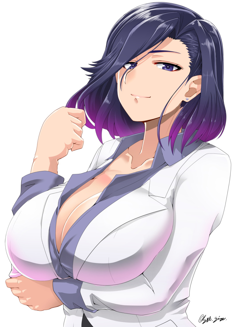 1girl arm_under_breasts blue_shirt bob_cut breasts city_hunter cleavage closed_mouth collarbone commentary_request dress_shirt earrings hand_up highres jacket jewelry large_breasts looking_at_viewer nogami_saeko purple_hair saizu_nitou_gunsou shirt short_hair simple_background smile solo unbuttoned unbuttoned_shirt upper_body violet_eyes white_background white_jacket