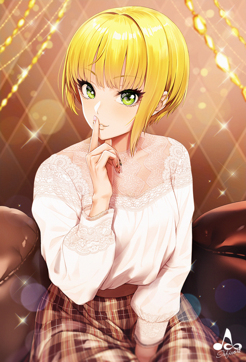 1girl artist_logo artist_name bangs blonde_hair blush brown_pillow commentary_request eyebrows_visible_through_hair eyelashes finger_to_mouth fingernails green_eyes hand_up highres idolmaster idolmaster_cinderella_girls indoors infinote lace-trimmed_sleeves lace_trim lips long_sleeves looking_at_viewer miyamoto_frederica parted_lips pillow plaid plaid_skirt short_hair sidelocks signature sitting skirt smile solo sparkle
