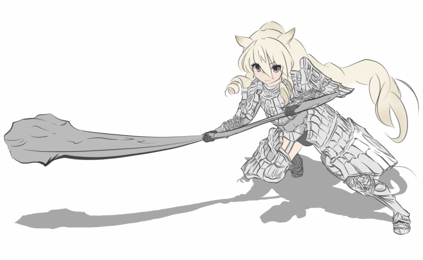 1girl animal_ears armor blonde_hair club cosplay dark_souls dragon's_tooth_(dark_souls) eyebrows_visible_through_hair eyes_visible_through_hair full_body havel_the_rock havel_the_rock_(cosplay) holding holding_weapon iru kemono_friends ponytail rhinoceros_ears serious shadow solo souls_(from_software) weapon white_background white_rhinoceros_(kemono_friends)