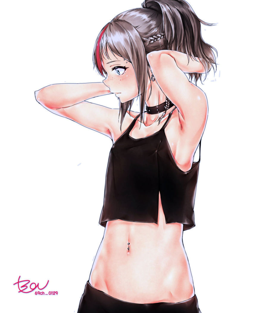 1girl alternate_hairstyle armpits arms_behind_head black_hair breasts choker dangan_ronpa highres jewelry long_hair mioda_69ch mioda_ibuki multicolored_hair navel navel_piercing piercing pink_eyes pink_hair small_breasts stomach super_dangan_ronpa_2 very_long_hair