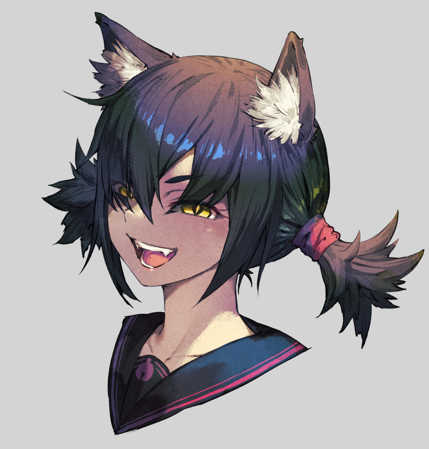 1girl :d animal_ear_fluff animal_ears bangs black_hair black_sailor_collar bright_pupils cat_ears cat_girl commentary_request cozy eyes_visible_through_hair fangs grey_background hair_over_one_eye half-closed_eyes highres light_blush looking_at_viewer open_mouth original portrait sailor_collar short_hair short_twintails simple_background slit_pupils smile teeth twintails v-shaped_eyebrows yellow_eyes