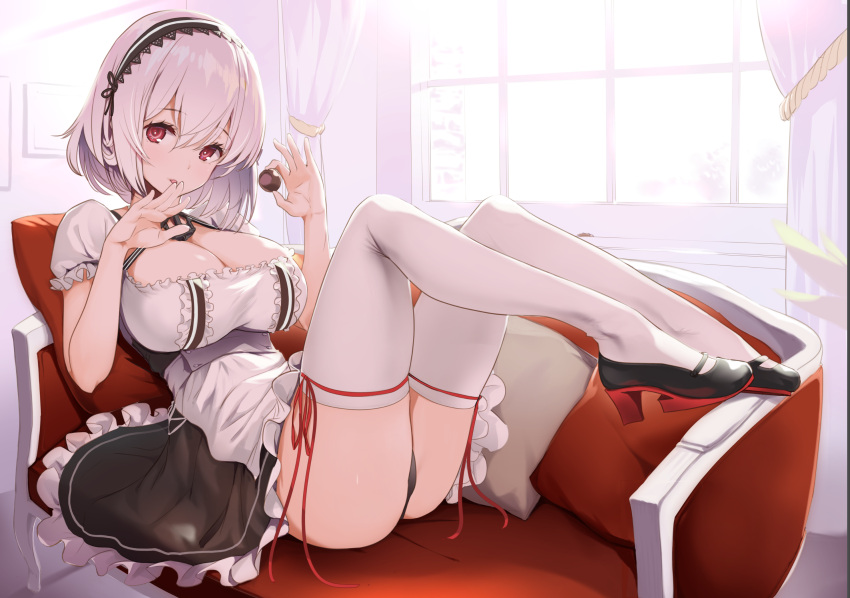 1girl apron ass azur_lane backlighting bangs black_dress black_footwear blush breasts chocolate choker cleavage collarbone couch cushion dress hair_between_eyes hairband high_heels highres large_breasts leaning_back legs looking_at_viewer nylon puffy_sleeves red_eyes red_ribbon ribbon short_hair short_sleeves sirius_(azur_lane) sitting solo thigh-highs thighs waist_apron white_hair white_legwear window