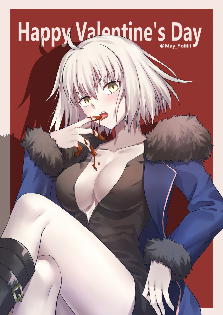 1girl ahoge bangs black_dress black_footwear blue_jacket blush boots breasts buckle chocolate cleavage collarbone commentary dress english_text eyebrows_visible_through_hair fate/grand_order fate_(series) finger_licking fur-trimmed_jacket fur-trimmed_sleeves fur_collar fur_trim gogatsu_fukuin grey_hair hair_between_eyes hand_up happy_valentine head_tilt highres jacket jeanne_d'arc_(alter)_(fate) jeanne_d'arc_(fate)_(all) knee_boots large_breasts legs_crossed licking long_sleeves looking_at_viewer open_clothes open_jacket open_mouth pale_skin partially_unzipped red_background shadow short_dress short_hair sitting solo tongue tongue_out twitter_username v-shaped_eyebrows valentine yellow_eyes