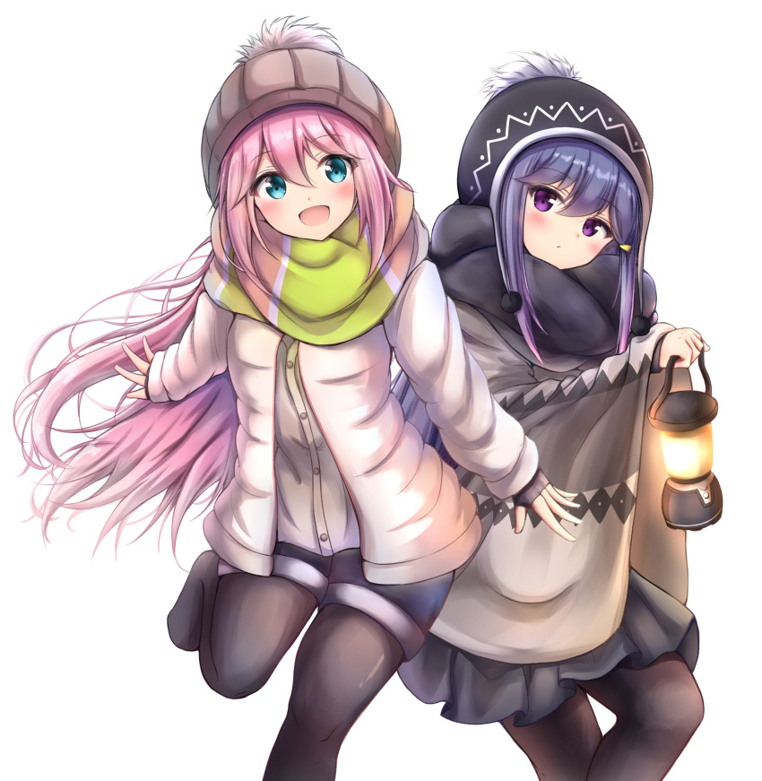 2girls absurdres black_gloves black_hat black_legwear black_scarf black_skirt blue_eyes brown_hat brown_shirt coat denim denim_shorts expressionless fingerless_gloves gloves green_scarf hat highres holding kagamihara_nadeshiko lantern littlehobby long_hair multiple_girls open_mouth pantyhose pink_hair poncho purple_hair scarf shima_rin shirt shorts simple_background skirt smile standing standing_on_one_leg violet_eyes white_background white_coat yurucamp