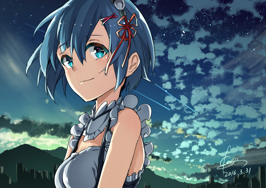 1girl 2016 blue_eyes blue_hair choker dated eyebrows_visible_through_hair frills hair_between_eyes hair_ribbon hidaka_kouyou looking_at_viewer outdoors re:zero_kara_hajimeru_isekai_seikatsu red_ribbon rem_(re:zero) ribbon short_hair signature sleeveless smile solo upper_body