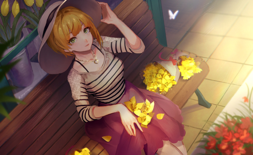 1girl adjusting_clothes adjusting_hat bangs bench blonde_hair bouquet day flower from_above green_eyes hat heart heart_necklace highres idolmaster idolmaster_cinderella_girls jewelry looking_at_viewer looking_up miyamoto_frederica necklace outdoors pink_skirt plant potted_plant shirt short_hair sitting skirt smile solo striped striped_shirt tulip twitter_username white_hat yellow_flower yororitutata