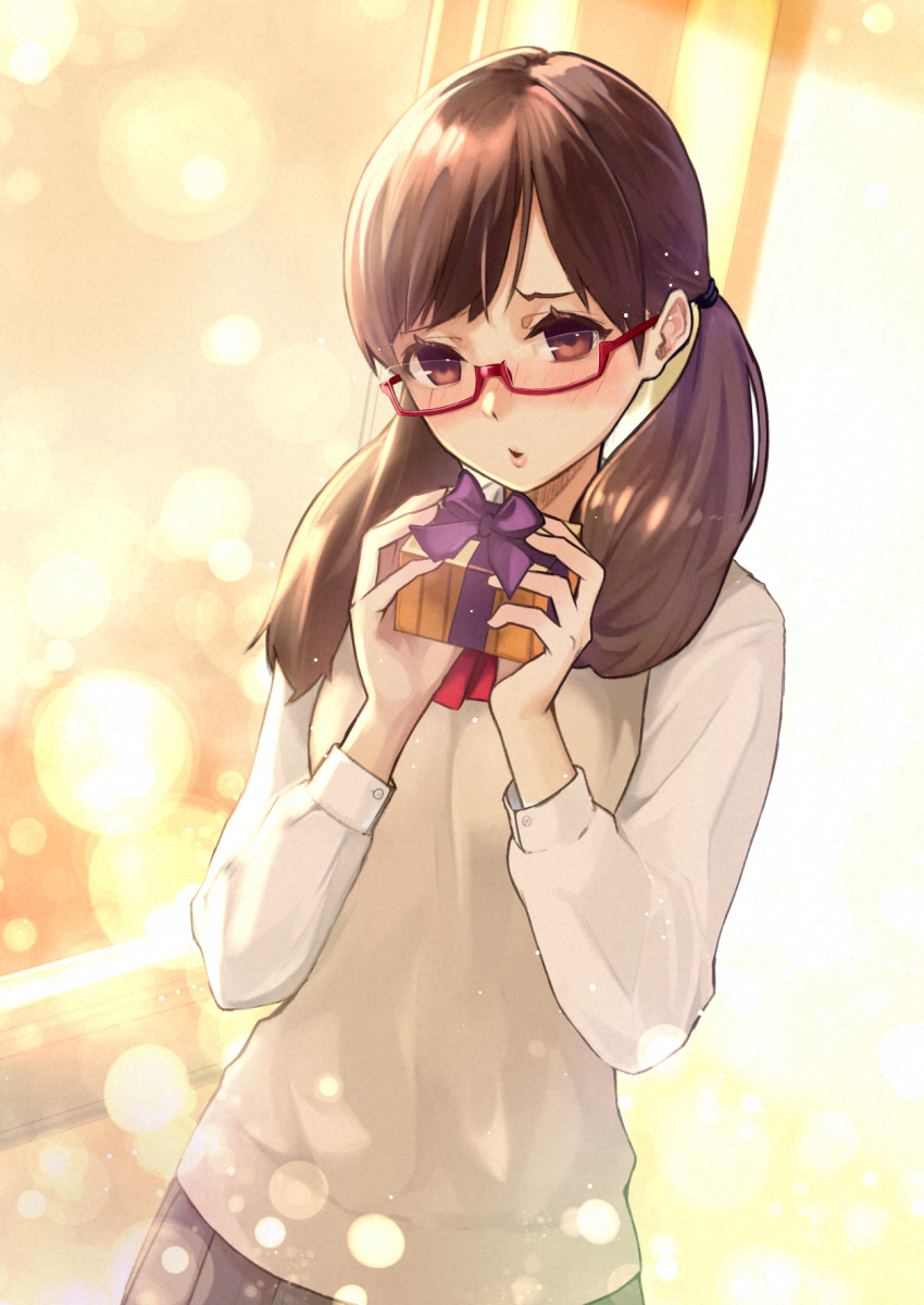 1girl ashiya_hiro bangs blurry blurry_background blush box brown_eyes brown_hair brown_skirt commentary_request depth_of_field gift gift_box glasses hair_tie head_tilt highres holding holding_gift long_hair looking_at_viewer moe2019 original parted_lips pleated_skirt red-framed_eyewear school_uniform semi-rimless_eyewear shirt skirt solo sweater_vest twintails under-rim_eyewear valentine white_shirt