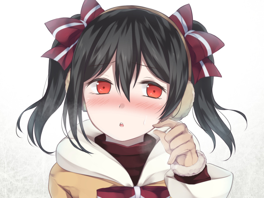 1girl bangs black_hair blush bow bowtie breath brown_gloves brown_shirt commentary_request earmuffs eyebrows_visible_through_hair fur-trimmed_sleeves fur_trim gloves hair_between_eyes hair_bow hand_up highres hitotsuki_no_yagi hood hood_down hooded_coat long_sleeves looking_at_viewer love_live! love_live!_school_idol_project medium_hair nose_blush parted_lips portrait red_bow red_eyes red_neckwear shirt sidelocks solo striped striped_bow sweatdrop twintails white_background yazawa_nico yellow_coat