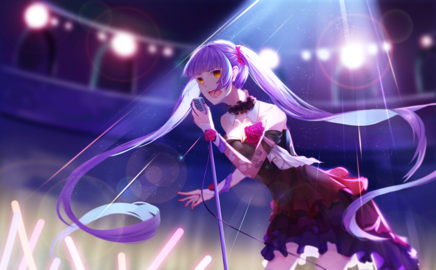 1girl :d absurdres bangs bare_shoulders black_dress blunt_bangs blurry blurry_background breasts brown_eyes cleavage detached_collar dress floral_print flower glowstick highres holding holding_microphone indoors leaning_forward lens_flar microphone microphone_stand official_art open_mouth rastar small_breasts smile solo spotlight twintails