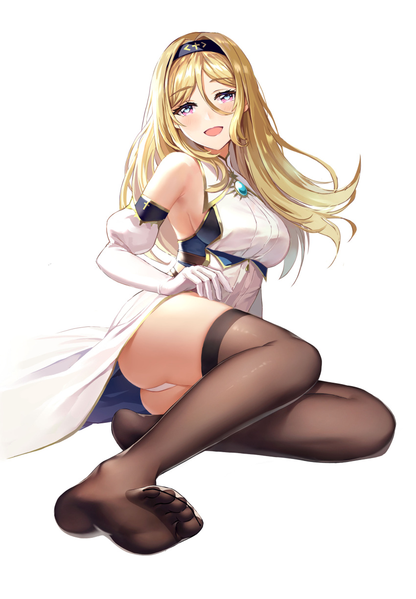 1girl :d absurdres ass black_hairband blonde_hair blush breasts brooch brown_legwear elbow_gloves feet full_body gloves hairband heart heart_eyes highres jewelry kibiko_(cheeks) long_hair looking_at_viewer medium_breasts open_mouth panties pixiv_fantasia_last_saga sitting skindentation smile soles solo toes underwear white_background white_panties