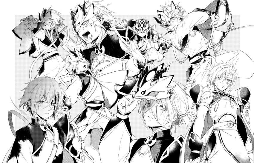 1boy baggy_clothes blood blood_on_face bloody_clothes broken_mask fate/grand_order fate_(series) fighting gao_changgong_(fate) greyscale male_focus mask monochrome removing_mask sword tki_716 weapon