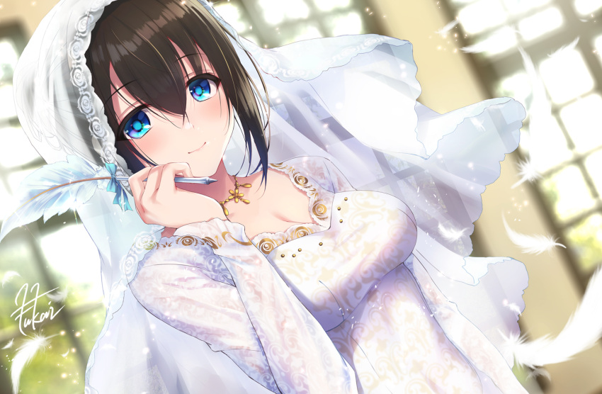 1girl bangs blue_eyes blurry blurry_background blush breasts bridal_veil bride cleavage commentary_request day dress eyebrows_visible_through_hair feathers fukai_ryousuke hair_between_eyes hair_up holding holding_pen idolmaster idolmaster_cinderella_girls indoors jewelry long_hair looking_at_viewer medium_breasts necklace pen sagisawa_fumika sidelocks signature smile solo veil wedding_dress window