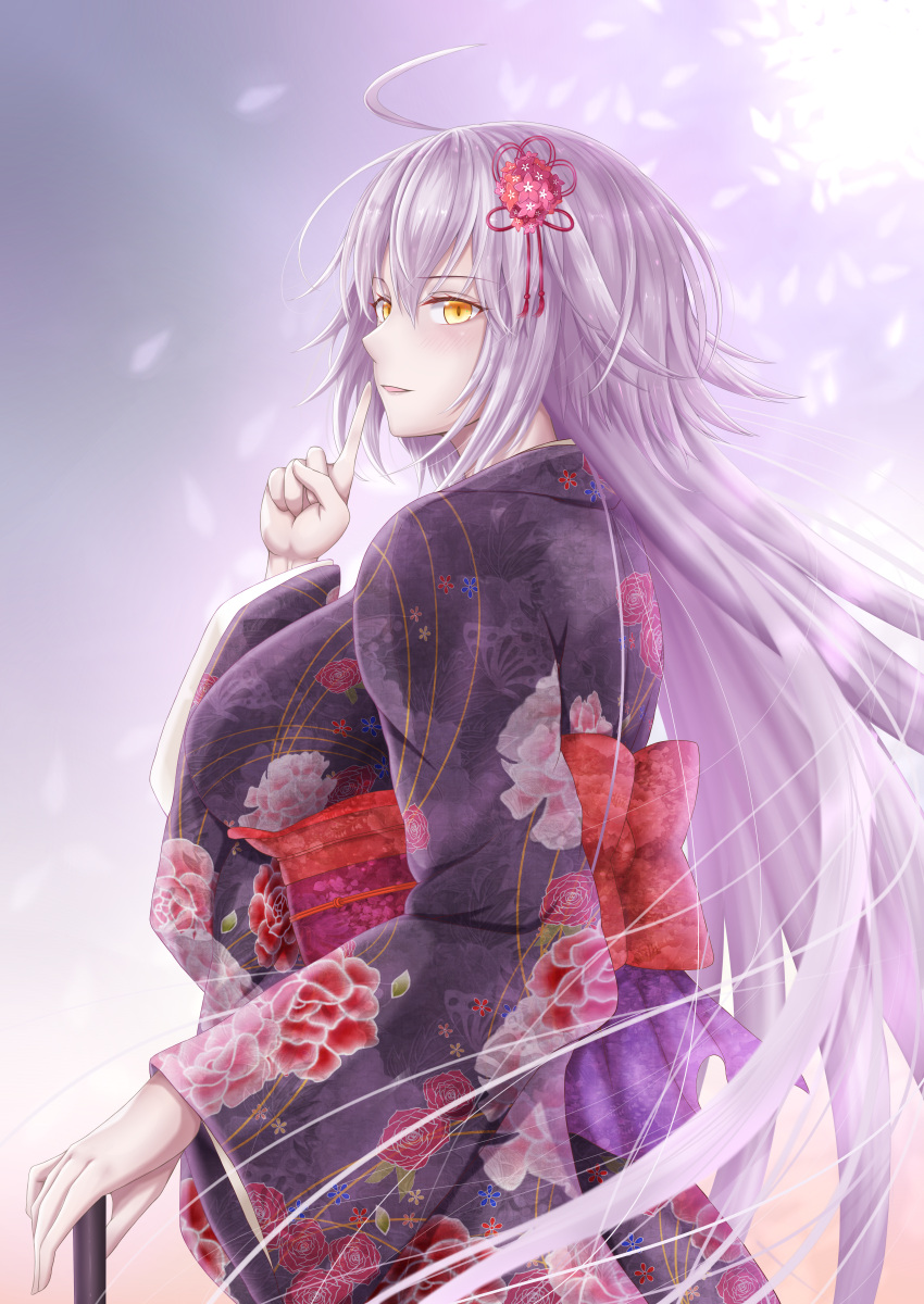 1girl absurdres black_kimono eyebrows_visible_through_hair fate/grand_order fate_(series) finger_to_mouth floating_hair floral_print from_side hair_between_eyes hair_ribbon highres index_finger_raised japanese_clothes jeanne_d'arc_(alter)_(fate) jeanne_d'arc_(fate)_(all) kimono long_hair long_sleeves obi parted_lips penguintake print_kimono red_ribbon ribbon sash shiny shiny_hair silver_hair solo standing upper_body very_long_hair yellow_eyes yukata
