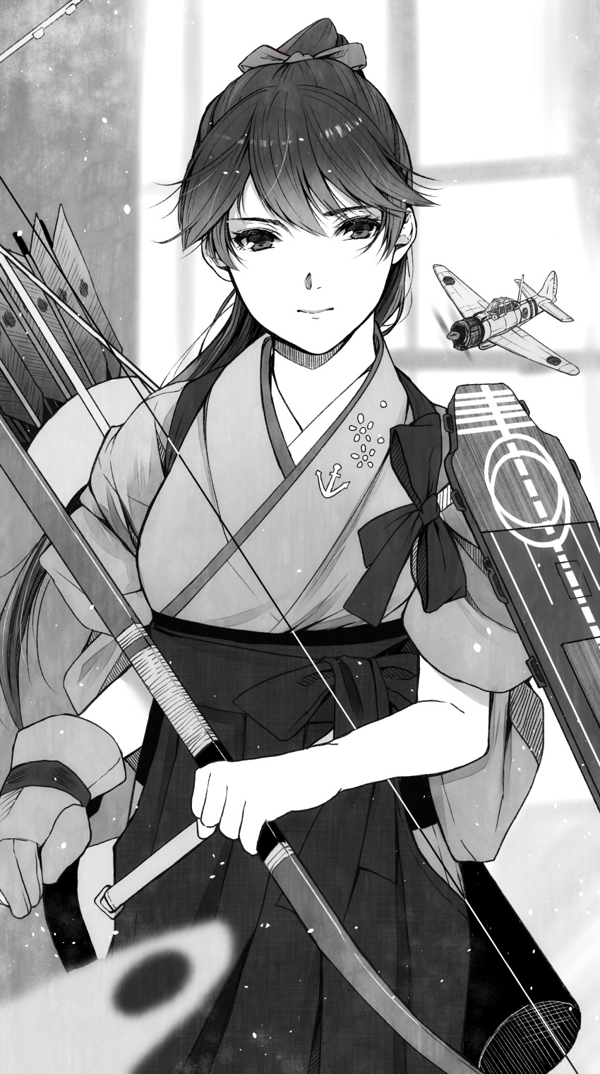 1girl absurdres aircraft airplane anchor_symbol arrow blurry bow_(weapon) curtains depth_of_field flight_deck gloves greyscale hair_ribbon hakama highres houshou_(kantai_collection) japanese_clothes kantai_collection monochrome ponytail quiver ribbon single_glove solo suke_(singekijyosei) weapon window