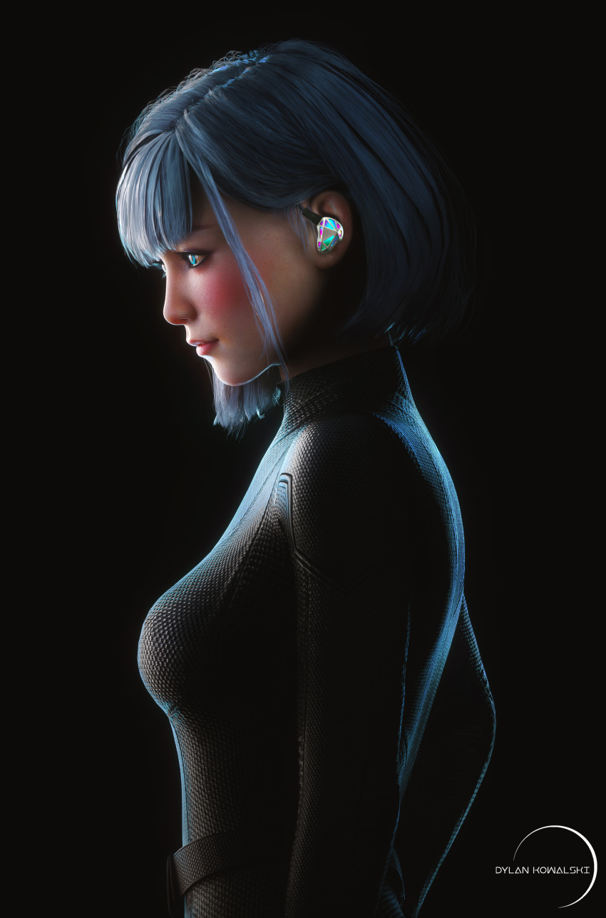 1girl 3d absurdres android arms_at_sides artist_name bangs belt black_background black_bodysuit blue_eyes blunt_bangs bob_cut bodysuit breasts cable dylan_kowalski earplugs eyelashes from_side glowing glowing_eyes highres light_smile lips looking_away makeup mascara mole nose original parted_lips profile realistic short_hair silver_hair simple_background skin_tight small_breasts solo standing teeth