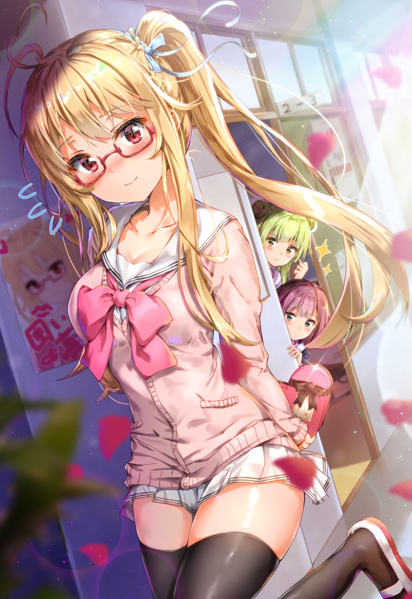 3girls bangs black_legwear blonde_hair blurry blurry_foreground blush breasts cardigan character_request collarbone depth_of_field flying_sweatdrops gift glasses green_hair hallway highres holding holding_gift indoors kuria_(clear_trip_second) leg_up long_hair long_sleeves looking_at_viewer miniskirt moroboshi_meroko moroboshi_meroko_(character) multiple_girls pink_hair pleated_skirt red-framed_eyewear red_eyes sailor_collar semi-rimless_eyewear shirt sidelocks skindentation skirt slippers solo thigh-highs under-rim_eyewear very_long_hair virtual_youtuber white_shirt zettai_ryouiki