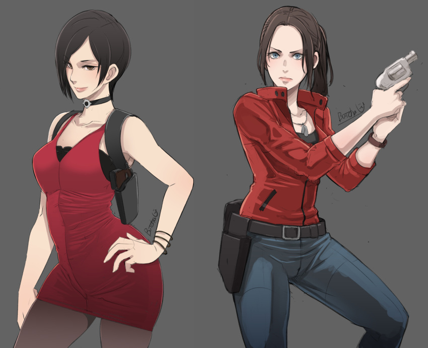 2girls ada_wong bangs black_hair black_legwear blue_eyes bob_cut breasts brown_eyes brown_hair butcha-u casual choker claire_redfield commentary_request cowboy_shot denim dress flat_chest gem grey_background gun hand_on_hip handgun high_collar highres holding holding_gun holding_weapon holster jacket jeans lips medium_breasts medium_hair multiple_girls pants pantyhose parted_bangs ponytail red_dress red_jacket resident_evil resident_evil_2 revolver short_dress short_hair shoulder_holster swept_bangs trigger_discipline weapon