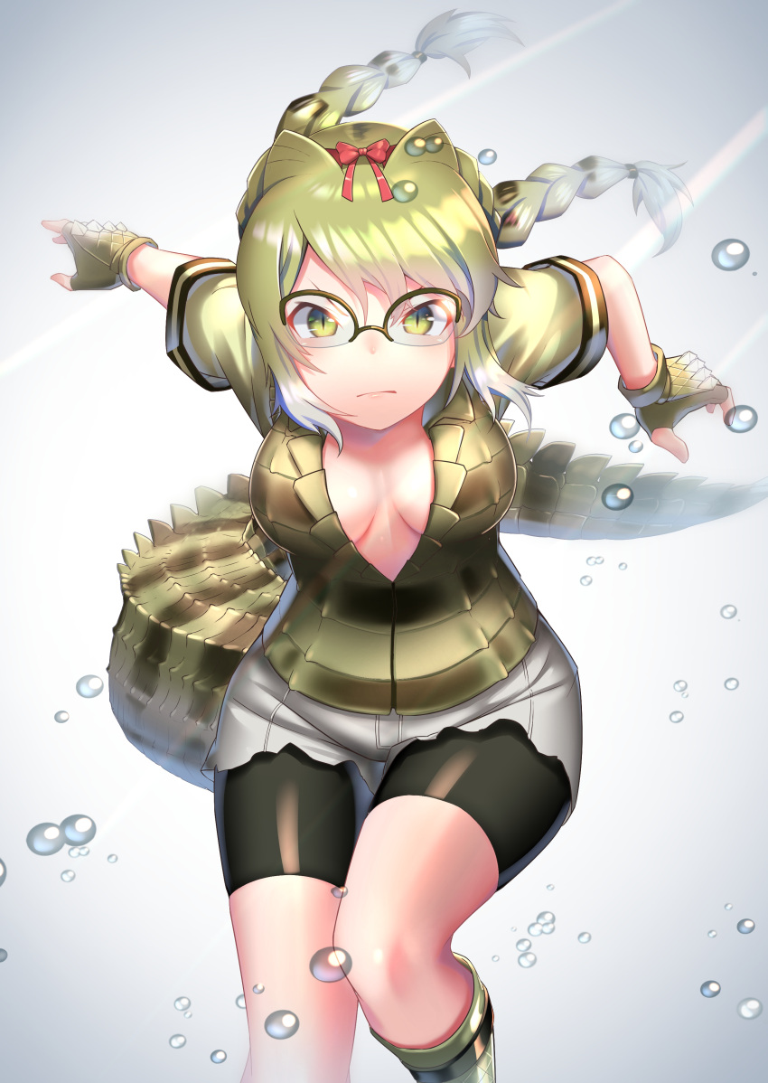 absurdres boots braided_ponytail breasts center_opening cleavage commentary_request crocodile_print crocodile_tail glasses gloves hairband highres kemono_friends scales short_hair shorts shorts_under_shorts slit_pupils spectacled_caiman_(kemono_friends) spiked_gloves st.takuma tail twintails underwater