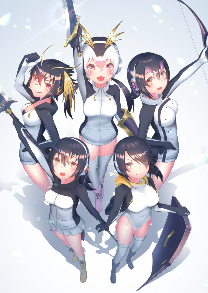 5girls absurdres black_hair blonde_hair boots bow_(weapon) drawstring emperor_penguin_(kemono_friends) everyone eyebrows_visible_through_hair from_above gentoo_penguin_(kemono_friends) hair_over_one_eye headphones highlights highres hood hood_down hoodie humboldt_penguin_(kemono_friends) kemono_friends lace lace-trimmed_legwear leotard long_hair long_sleeves multicolored_hair multiple_girls penguin_tail penguins_performance_project_(kemono_friends) pink_hair polearm purple_hair redhead rockhopper_penguin_(kemono_friends) royal_penguin_(kemono_friends) shield short_hair st.takuma sweater sword tail thigh-highs twintails weapon white_hair zettai_ryouiki