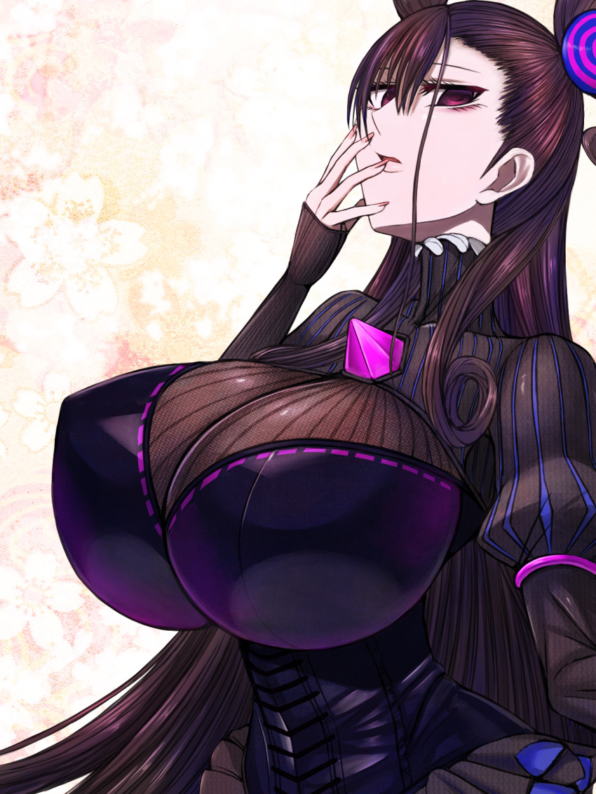 1girl aebafuti bangs breasts brown_hair covering_mouth curly_hair curvy double_bun dress empty_eyes erect_nipples fate/grand_order fate_(series) floral_print frills gem hand_over_own_mouth highres huge_breasts impossible_clothes impossible_dress long_hair long_sleeves looking_at_viewer murasaki_shikibu_(fate) nail_polish open_mouth puffy_sleeves purple_dress simple_background solo striped striped_clothes striped_dress turtleneck very_long_hair violet_eyes