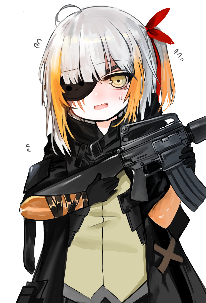 1girl absurdres ahoge assault_rifle bangs black_gloves black_jacket blush brown_eyes brown_shirt commentary_request dokomon eyebrows_visible_through_hair eyepatch fang flying_sweatdrops girls_frontline gloves gun hair_ribbon head_tilt highres holding holding_gun holding_weapon jacket korean_commentary long_hair looking_at_viewer m16 m16a1_(girls_frontline) m16a1_(girls_frontline)_(boss) multicolored_hair object_namesake one_side_up open_clothes open_jacket open_mouth orange_hair red_ribbon redhead ribbon rifle shirt silver_hair simple_background solo streaked_hair sweat upper_body weapon white_background