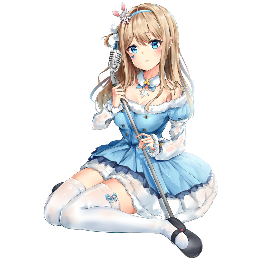 1girl absurdres bare_shoulders black_footwear blue_dress blue_eyes blush breasts brown_hair cleavage closed_mouth commentary dress eyebrows_visible_through_hair girls_frontline hair_ornament hairband head_tilt heart highres holding holding_microphone long_hair long_sleeves looking_at_viewer mary_janes medium_breasts microphone off-shoulder_dress off_shoulder shiinakazee shoes simple_background sitting snowflake_hair_ornament solo suomi_kp31_(girls_frontline) thigh-highs wariza white_background white_legwear