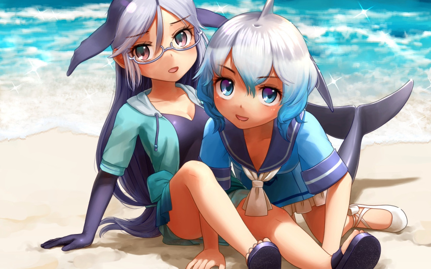 2girls bare_legs beach blue_eyes blue_hair california_sea_lion_(kemono_friends) commentary common_bottlenose_dolphin_(kemono_friends) dark_blue_hair day dolphin_tail dorsal_fin dress elbow_gloves eyebrows_visible_through_hair flippers frilled_dress frills glasses gloves grey_hair hair_tie jacket kemono_friends multicolored_hair multiple_girls neckerchief ocean on_ground one-piece_swimsuit sailor_collar sailor_dress sand sandals short_hair short_sleeves swimsuit welt_(kinsei_koutenkyoku) white_hair